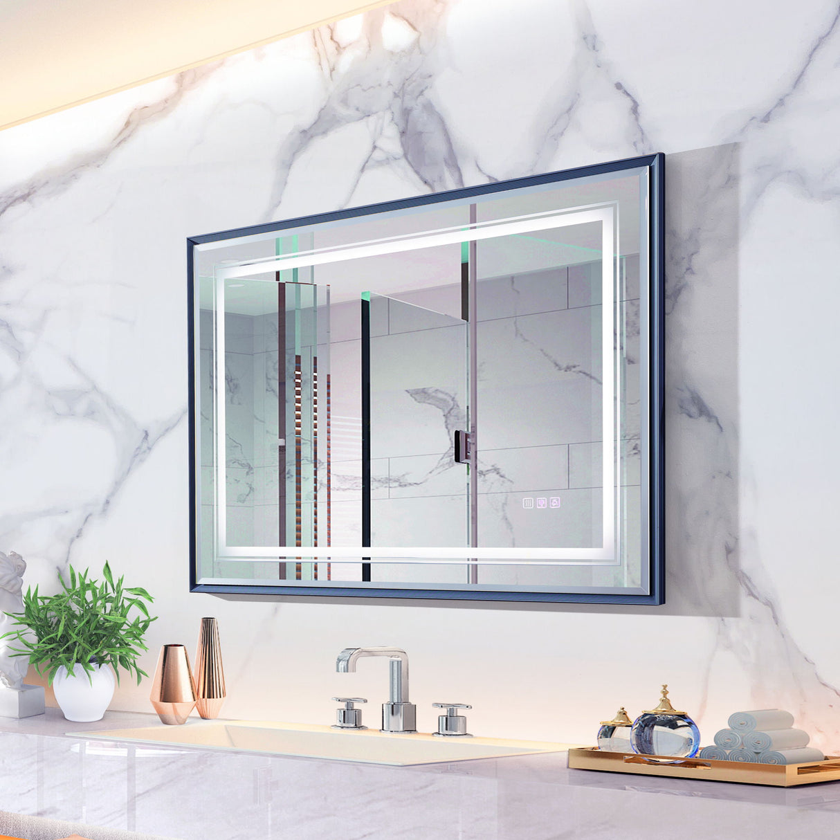 LED Bathroom Beveled Mirror, 3000 - 6000K Gradient Front And Backlit LED Mirror For Bathroom, 3 Colors Dimmable, Ip54 Enhanced Anti Fog