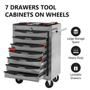 Rolling Metal Tool Chest with 7 Drawers, 20" Cabinet Silver