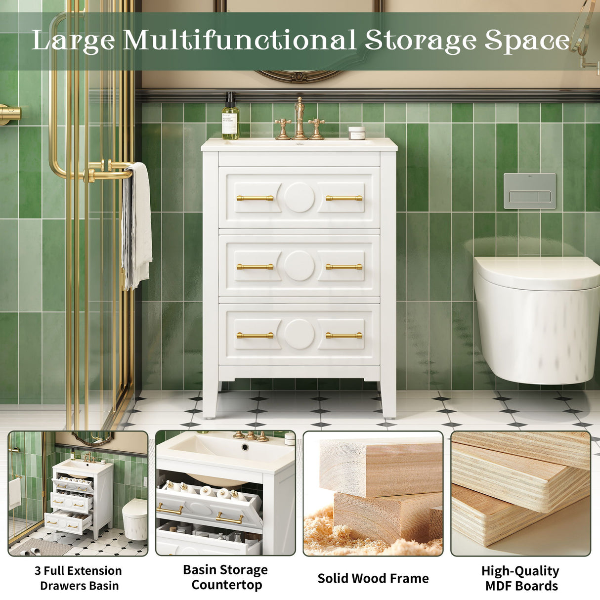 Bathroom Vanity With Sink, Free Standing Single Set, 3 Drawer Storage Cabinet