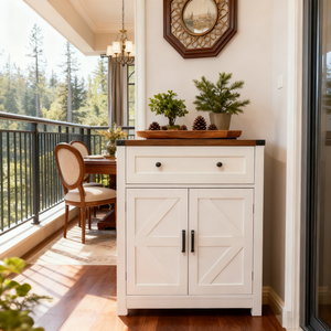 White & Wood-Grain Top Farmhouse Barn-Door Storage Cabinet