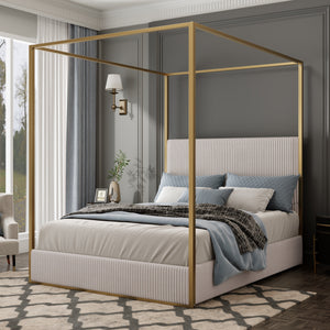 Plush Corduroy Tall Headboard Gold Canopy Bed Frame