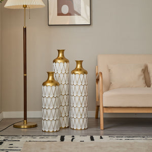 Floor Metal Vase Modern Style Decoration Home Droplet Shaped Metal Vase 3 Piece Set Gorgeous Home Decoration Large Glazed Metal Vase - Gold / White