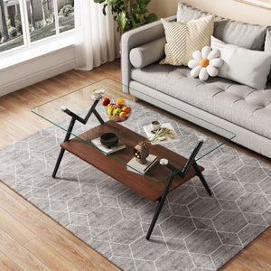 Rectangle Coffee Table With Tempered Glass Top And Shelf