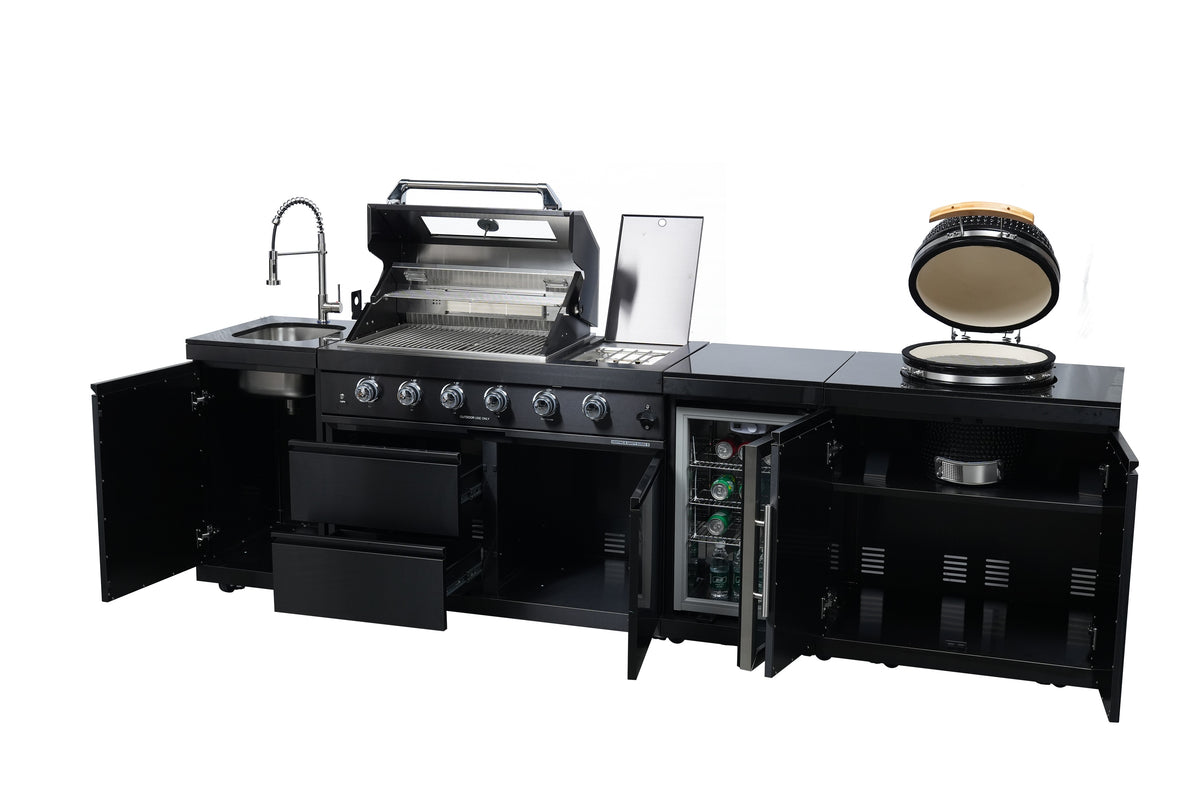 Black 118-Inch Outdoor Kitchen BBQ Island with Kamado and Stainless Steel Construction