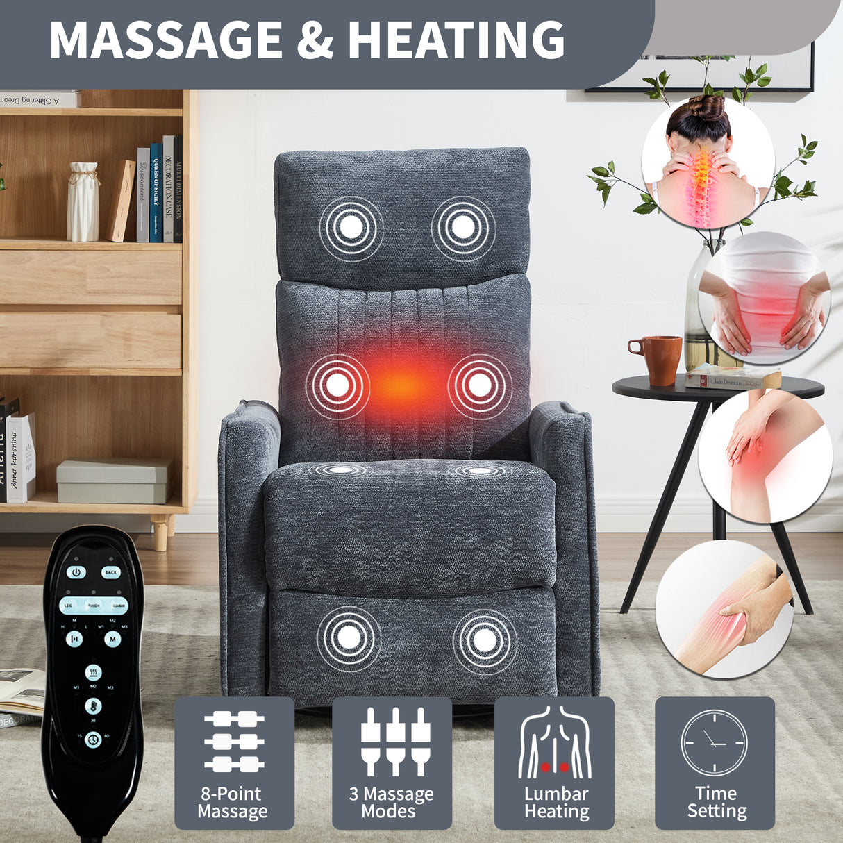 Blue Heat Massage Manual Recliner Chair with Rocker and Swivel