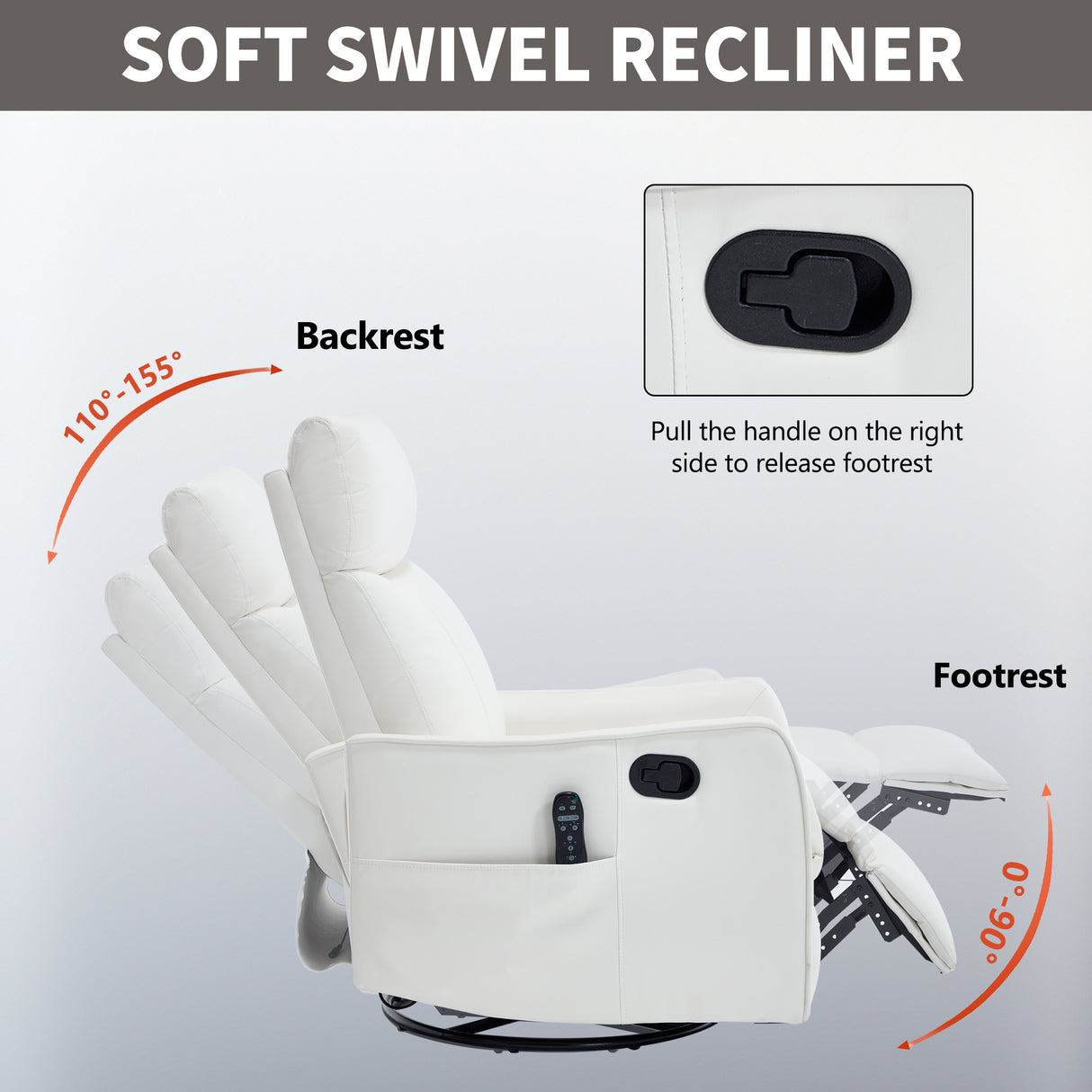 White Heat Massage Manual Recliner Chair with Rocker and Swivel in Faux Leather