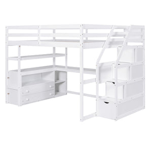 Loft Bed With Desk, Shelves, 2 Drawers, Storage Staircase