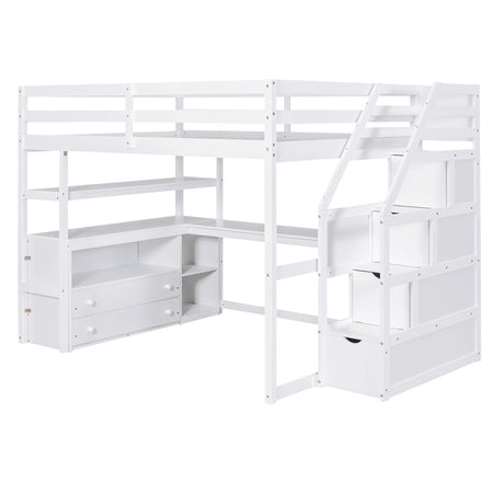 Loft Bed With Desk, Shelves, 2 Drawers, Storage Staircase
