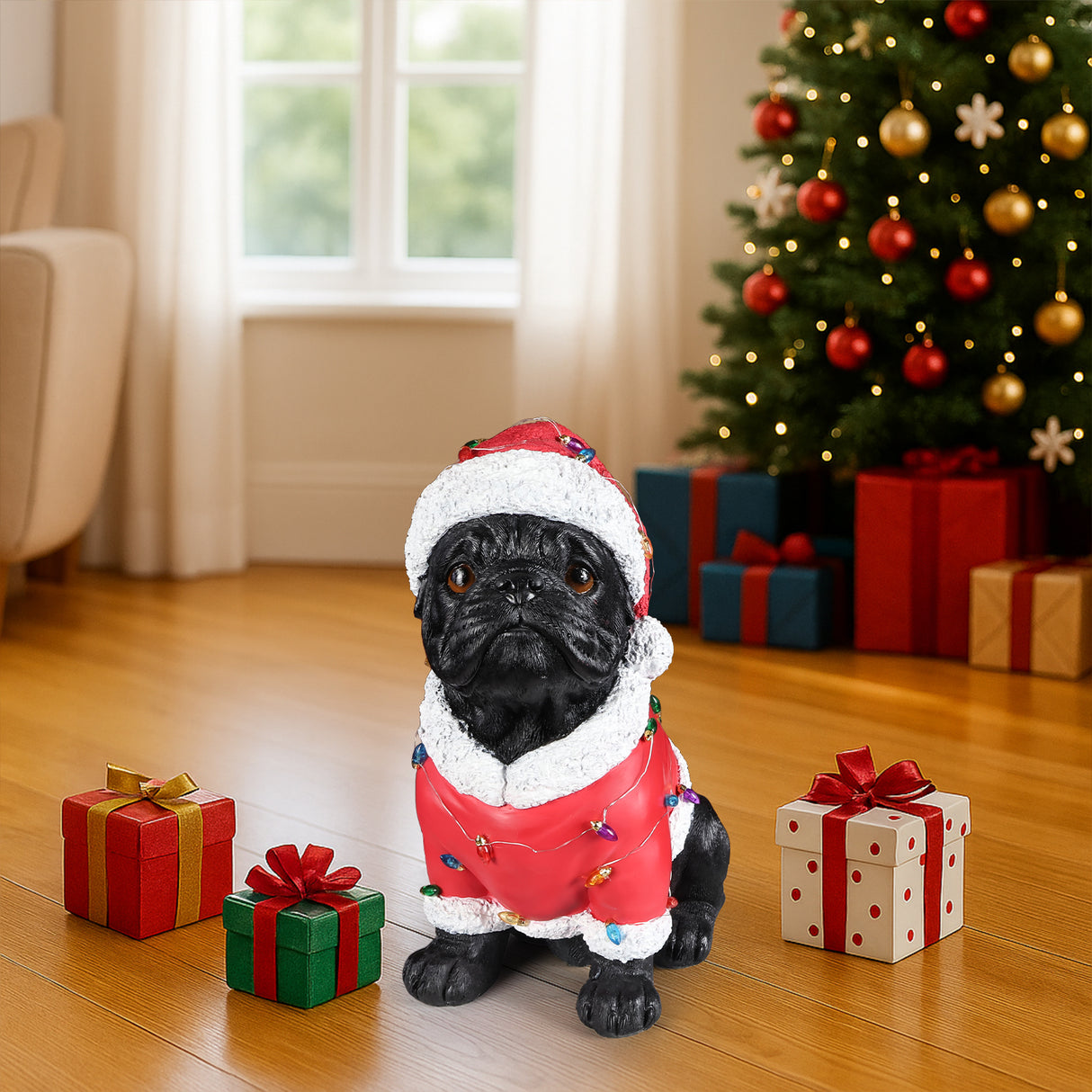 Christmas Pug Statue - Holiday Dog Figurine