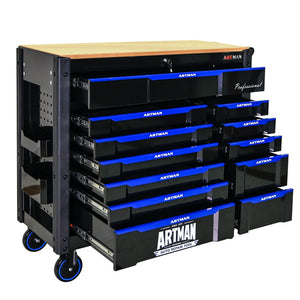 12 Layer Drawer Multi Purpose Tool Cart With Wheels And Wooden Countertops - Black / Blue