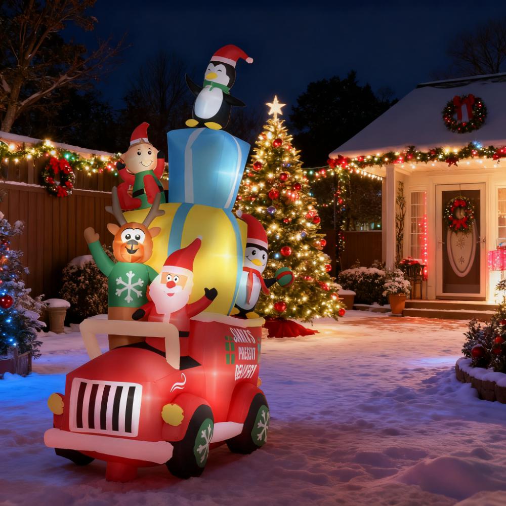 Inflatable Santa Gift Delivery Truck with Elf, Reindeer & Penguins