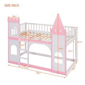 Twin Over Twin Castle Bunk Bed With Ladder - Pink