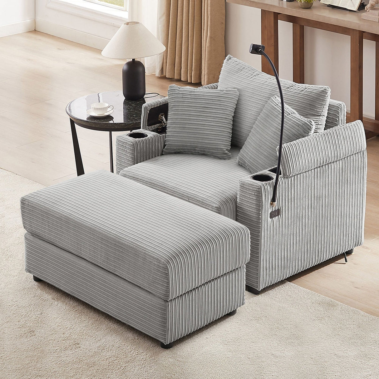 Single Sofa Couch With Storage Space, Movable Ottoman, USB Ports, Cup Holders, Phone Holder