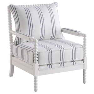 White and Navy Upholstered Stripe Accent Chair with Linen-Like Fabric