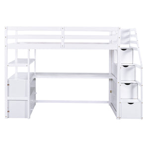 Loft Bed With Desk, Shelves, 2 Drawers, Storage Staircase