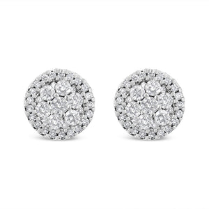 14K White Gold 1.0 Cttw Brilliant-Cut Diamond Halo-Style Cluster Round Button Stud Earrings (H-I Color, I1-I2 Clarity)
