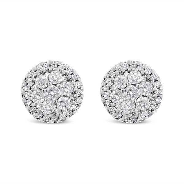 AGS Certified 14K White Gold 1.0 Cttw Brilliant-Cut Diamond Halo-Style Cluster Round Button Stud Earrings (G-H Color, I1-I2 Clarity)