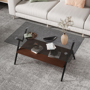 Rectangle Coffee Table With Tempered Glass Top And Shelf, Modern Table For Living Room