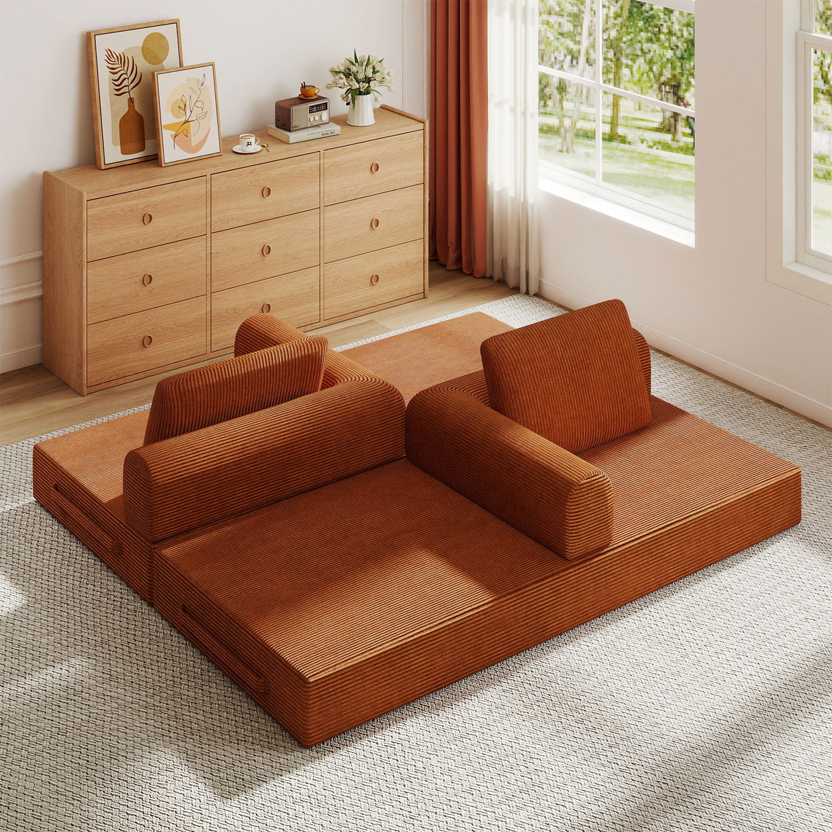 Convertible Sleeper Sofa Bed With Cylindrical Pillow, Fixed Shape Frame