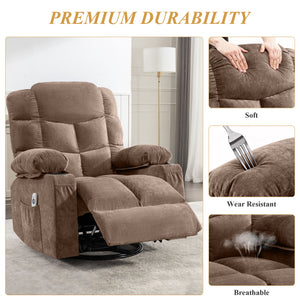 Oversized Massage Swivel Recliner Chair with Lumbar Heating, Cup Holders & USB - Brown or Gray