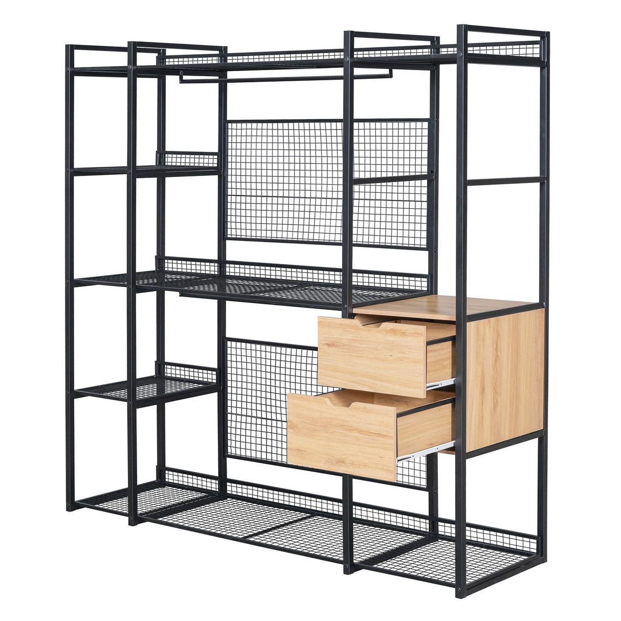 Open Style Wardrobe With Hanging Rails, Shelves And Drawers