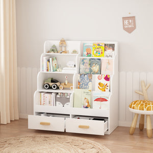 Bookshelf With 2 Storage Drawers, Front Facing Bookcase And Toy Organizer, Multi Tier Reading Shelf - White