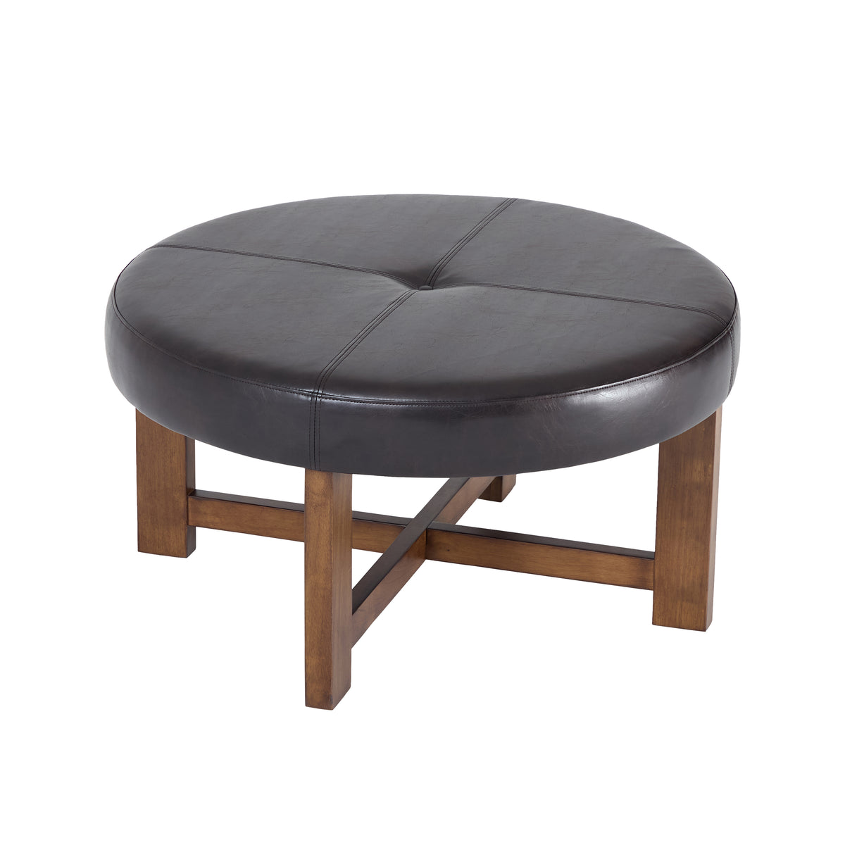 Round Leather Ottoman Coffee Table with Solid Wood Base