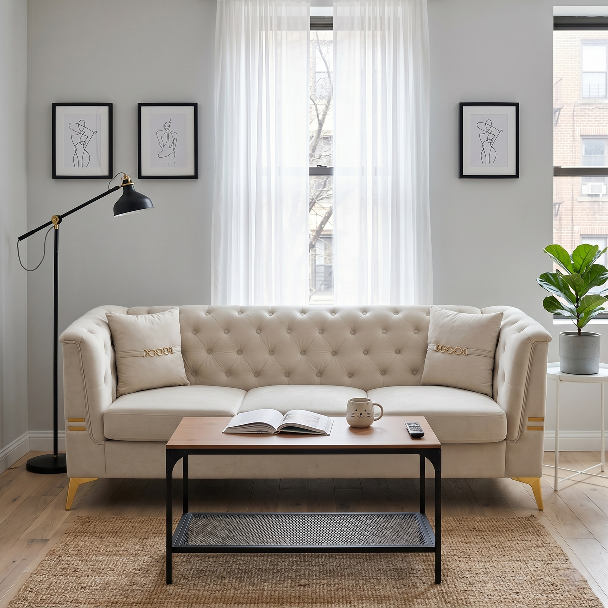 Contemporary Velvet Sofa With 2 Pillows