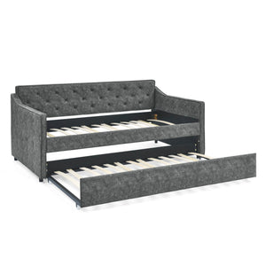Twin Upholstered Daybed With Trundle, Waved Arms - Gray
