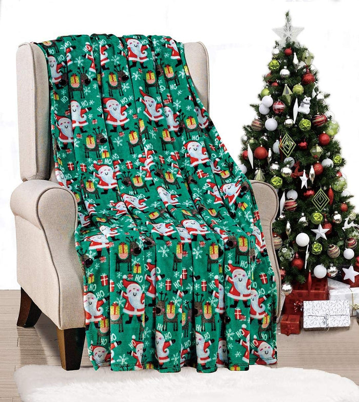 Faith-Hope-Love-Home-Decor Decor&More Ho Ho Ho Merry Christmas Collection Microplush Holiday Throw Blanket in Green Santa