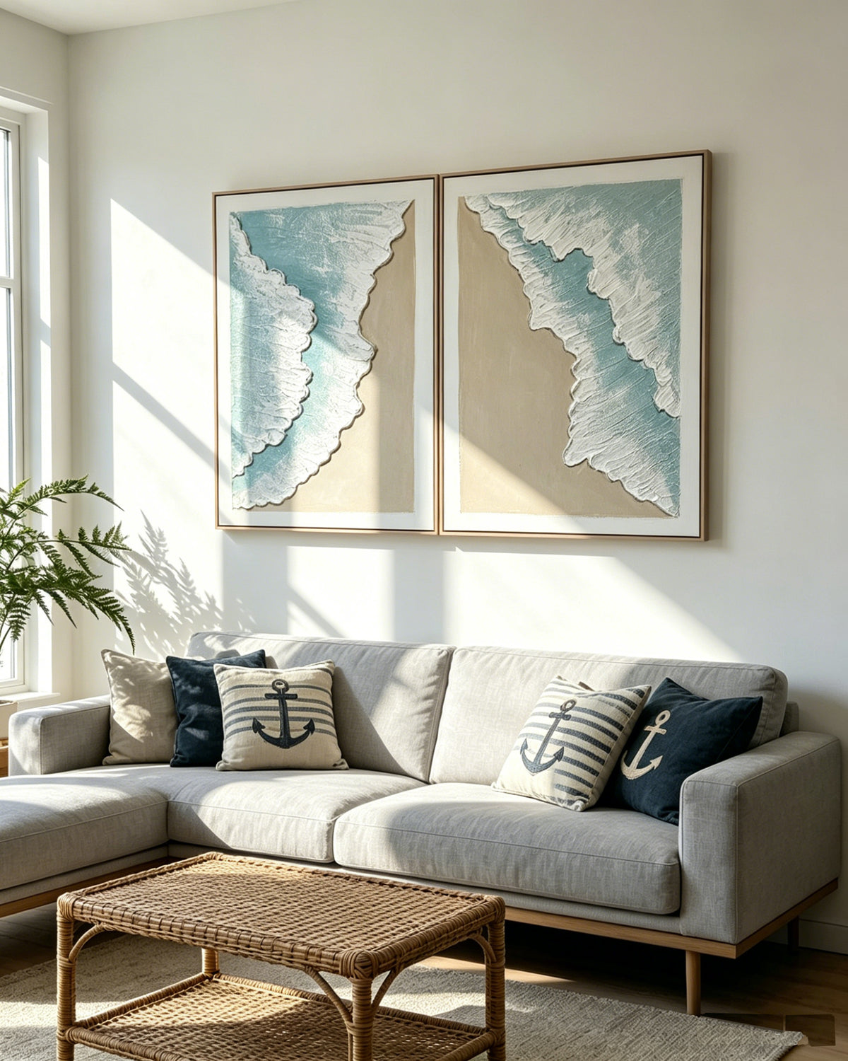 24x32 Framed Ocean Wave Wall Art Set with 3D Plaster Texture - Aqua