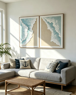 24x32 Framed Ocean Wave Wall Art Set with 3D Plaster Texture - Aqua