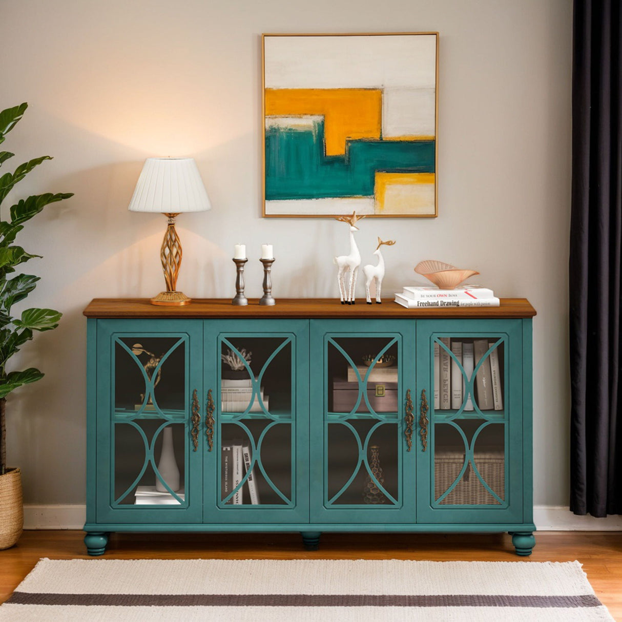 Elegant 4 Door Cabinet With Tempered Glass Doors