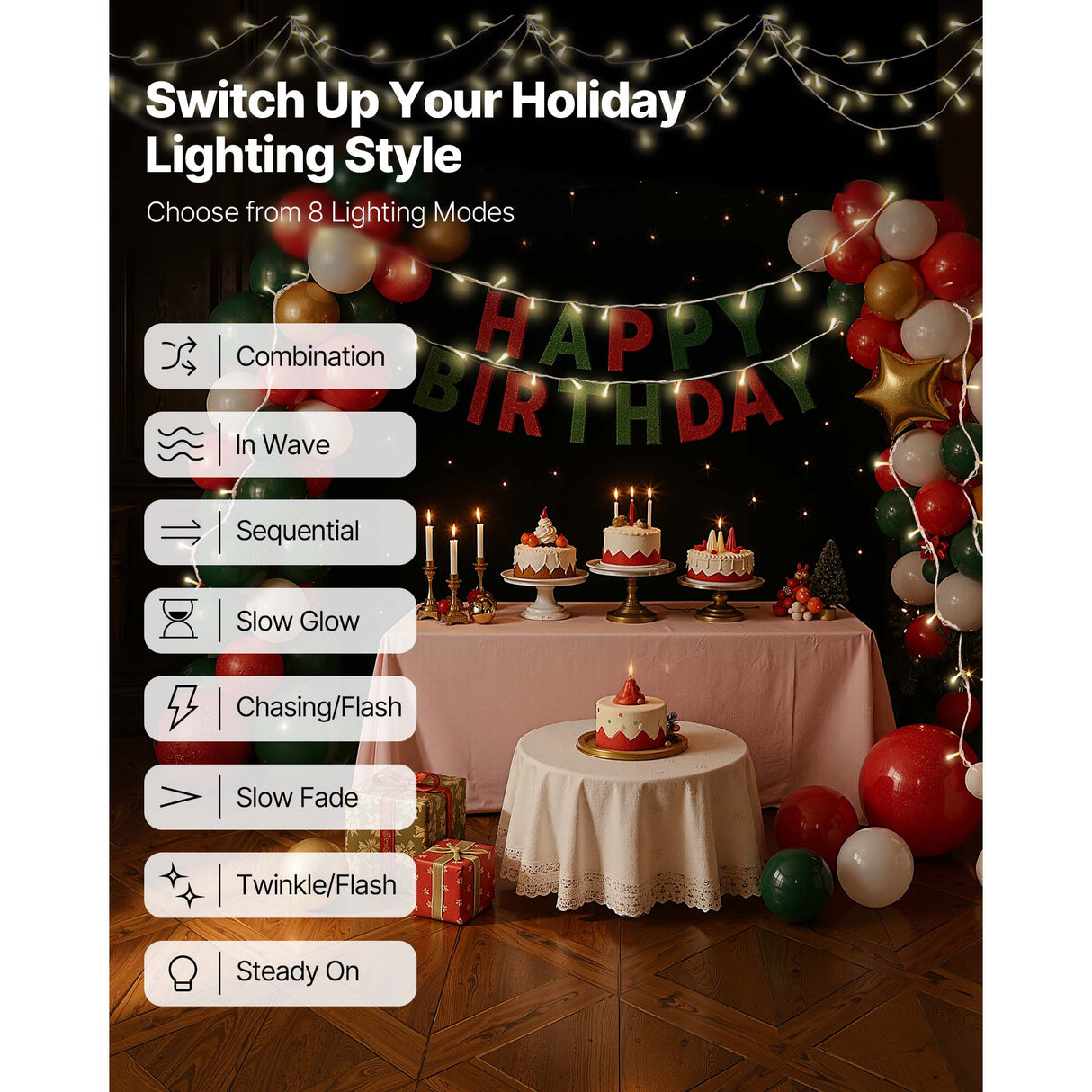 LED Christmas String Lights, 200 LED, 76 Ft Connectable Warm