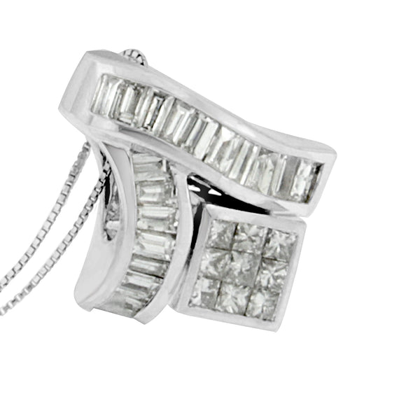 14K White Gold 1 7/8 cttw Princess and Baguette Cut Mixed Geometry Diamond Pendant Necklace (G-H, SI1-SI2)