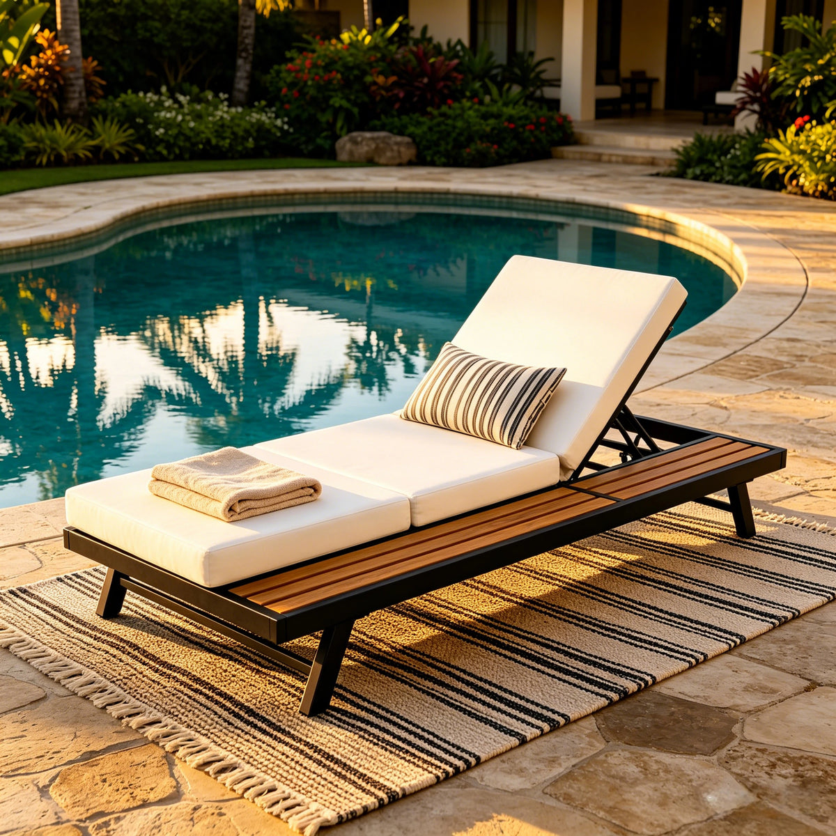 Black Iron + Teak Finish Chaise Lounge Set with Dark Frame
