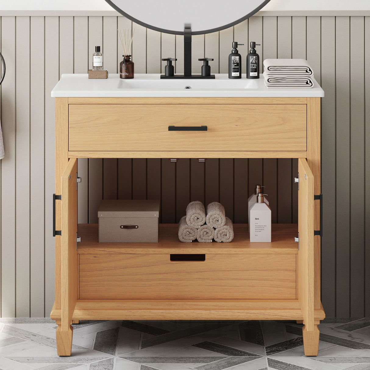 Bathroom Vanity With Ceramic Sink, Modern Free Standing Cabinet