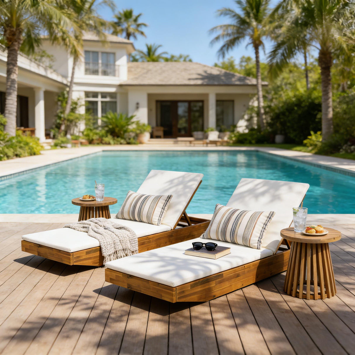 Acacia Wood Chaise Lounge with 2-Fold Thin Cushion - Teak Finish