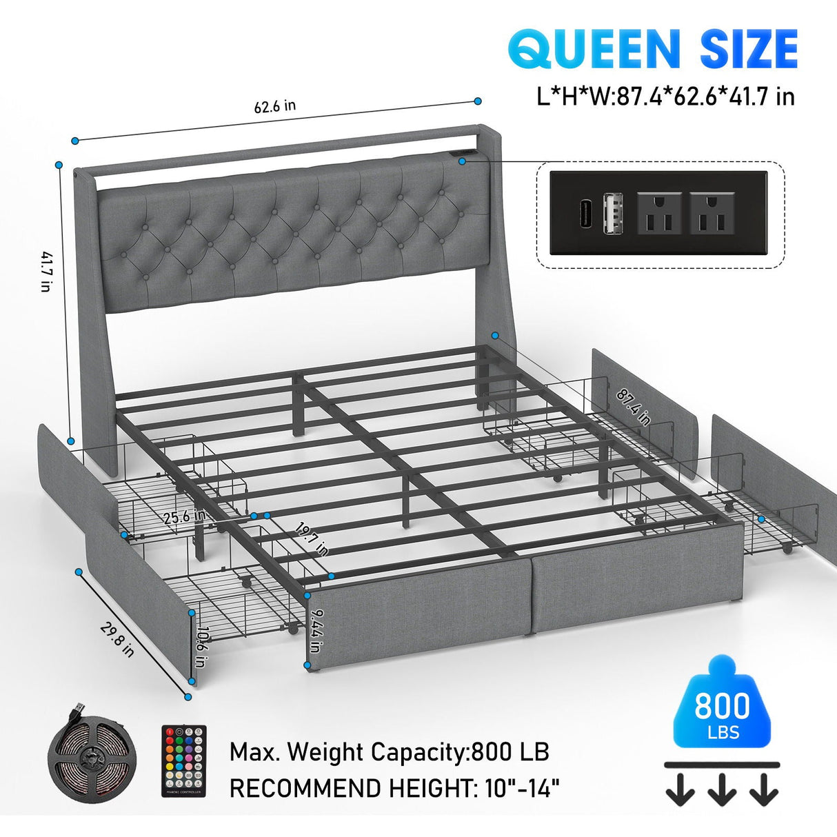 Queen Platform Bed Frame With RGB LED & Charging Station, Storage Headboard