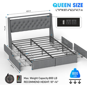 Queen Platform Bed Frame With RGB LED & Charging Station, Storage Headboard