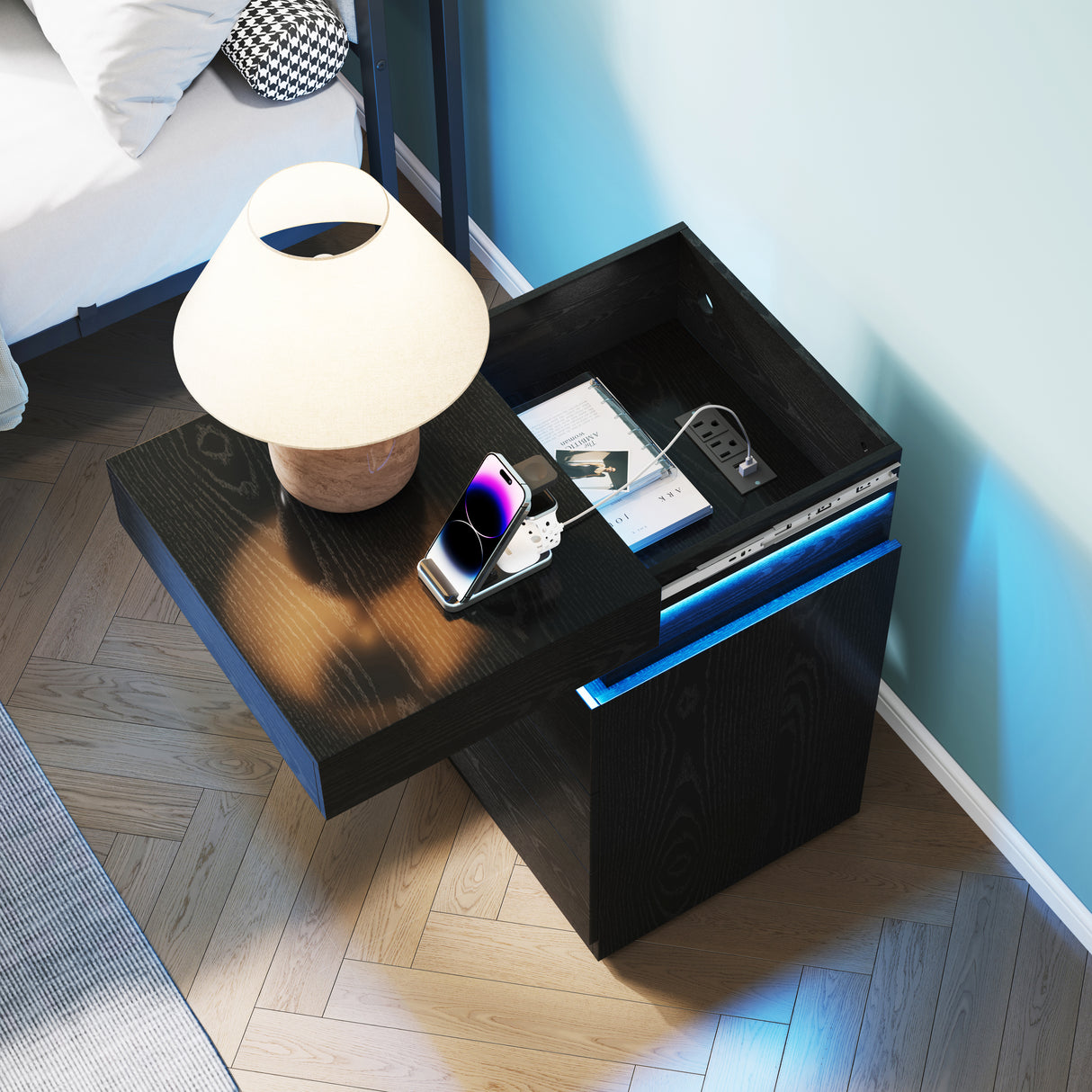 Nightstand with Built-In Charging Station and LED Lighting