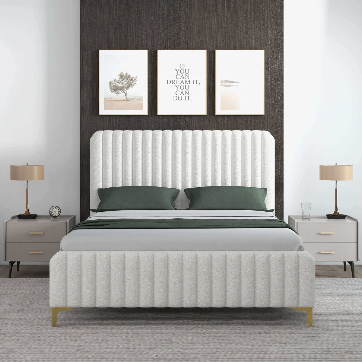 Valery King Size Bed Frame with Tufted Upholstery - White Boucle