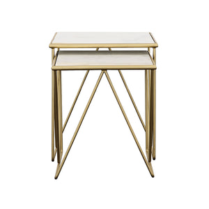 Sinclair - 2 Piece Nesting Table Set With Iron And Luxurious Marble Surface - White / Gold