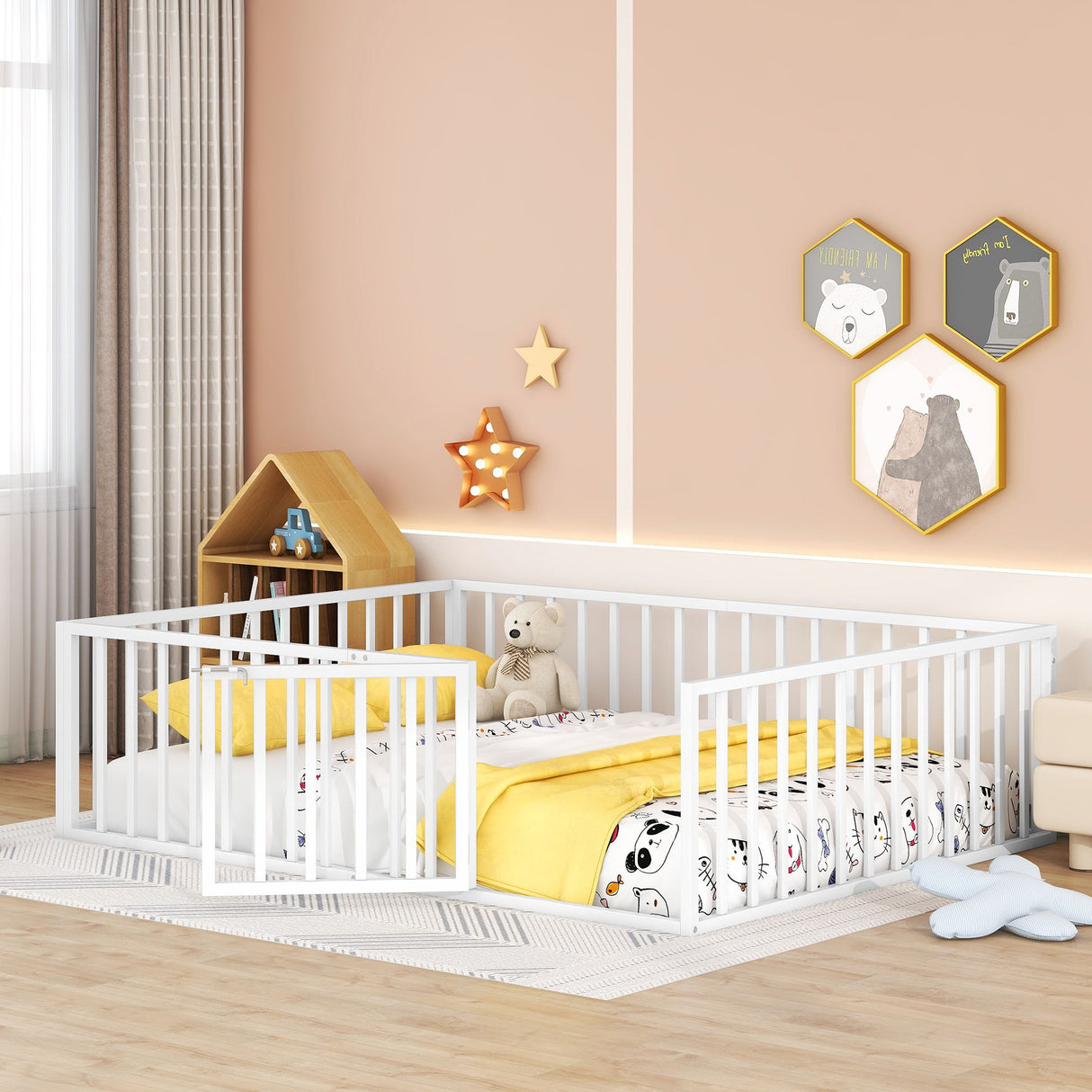 Metal Floor Bed Frame With Fence And Door