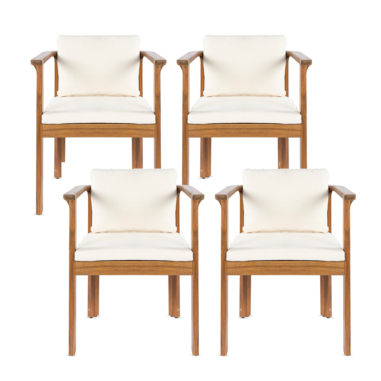 Outdoor Dining Chair Set of 4 with Curved Acacia Wood Arms and Cream Cushions