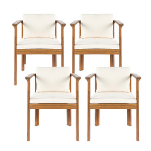 Outdoor Dining Chair Set of 4 with Curved Acacia Wood Arms and Cream Cushions