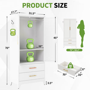 White Metal Wardrobe Closet with 2 Doors and Drawers