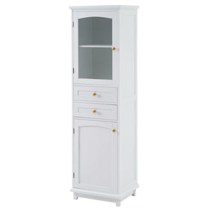 Tall Bathroom Storage Cabinet With Glass Doors, Free-Standing, Two Drawers, And Adjustable Shelves, Board, Painted Perfect For Displaying Your Favorite Items