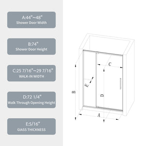 44-48"W x 74"H Pivot Shower Door with Brushed Nickel Finish