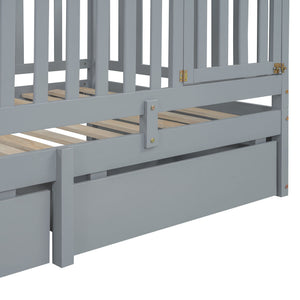 Daybed With Fence Guardrails And 2 Drawers, Split Into Independent Floor Bed & Daybed